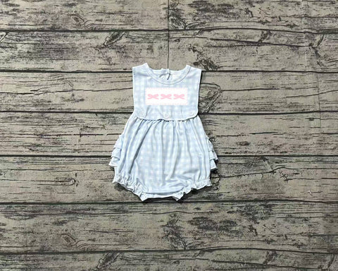 Preorder SR2203 Embroidery Bows Blue Plaid Pink Baby Girls Romper