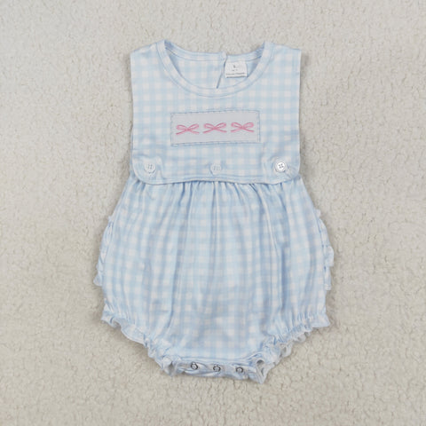 SR2203 Embroidery Bows Blue Plaid Pink Baby Girls Romper