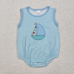 SR2276 Embroidery Sailboat Blue Baby Boys Romper