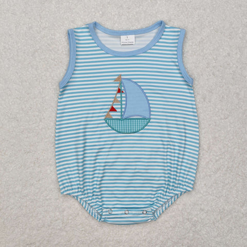 SR2276 Embroidery Sailboat Blue Baby Boys Romper