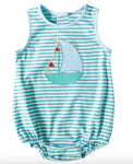 Preorder SR2276 Embroidery Sailboat Blue Baby Boys Romper