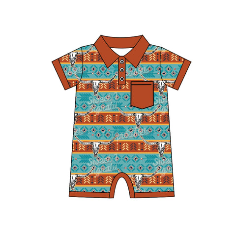 Preorder 12.13 SR2319 Western Skull Bull Baby Boys Romper