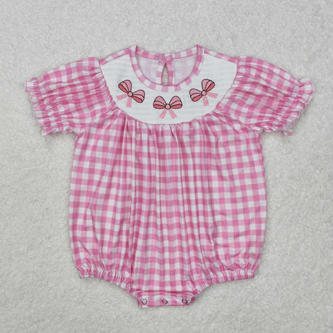 SR2325 Bows Pink Plaid Baby Girls Romper