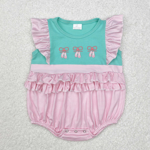 SR2326 Embroidery Ballet Shoes Pink Stripe Baby Girls Romper