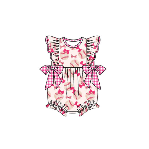 Preorder 12.20 SR2355 Baseball Bows Pink Baby Girls Romper