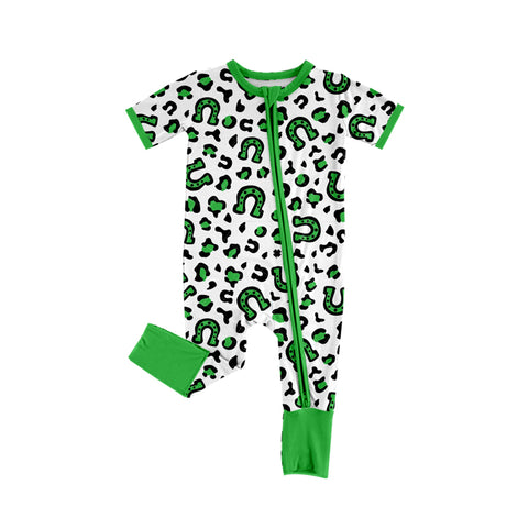 Preorder 12.24 SR2383 St. Patrick Leopard Rainbow Green Baby Zipper Romper Sleepers