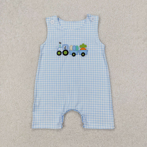 SR2402 Embroidery Easter Train Carrot Blue Baby Boys Romper