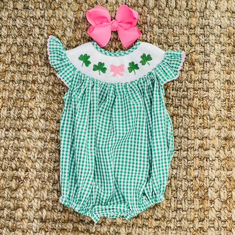 Preorder 12.30 SR2423 St. Patrick Bow Leaf Baby Girls Romper