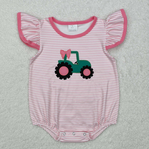 SR2432 Embroidery Truck Bow Pink Baby Girls Romper