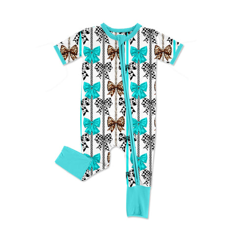 Preorder 01.14 SR2519 Western Turquoise Bows Baby Zipper Romper Sleepers