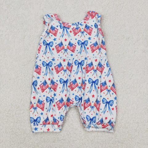 SR2681 July 4th Flag Bows Star Baby Girls Romper