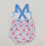 SR2691 July 4th Flag Bows Blue Baby Girls Romper