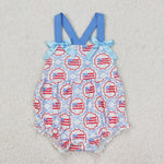 SR2691 July 4th Flag Bows Blue Baby Girls Romper