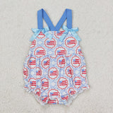 SR2691 July 4th Flag Bows Blue Baby Girls Romper