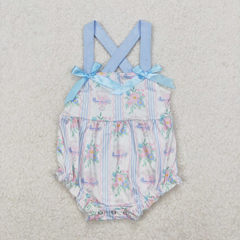 SR2698 Flower Cake Bows Blue Baby Girls Romper