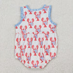 SR2710 Summer Crawfish Bows Blue Baby Girls Romper