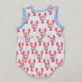 SR2710 Summer Crawfish Bows Blue Baby Girls Romper