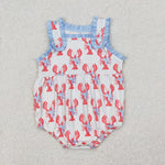 SR2710 Summer Crawfish Bows Blue Baby Girls Romper