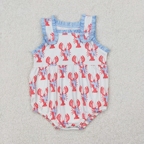 SR2710 Summer Crawfish Bows Blue Baby Girls Romper