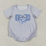 SR2772 God Is Good Flower Bows Grey Baby Girls Romper