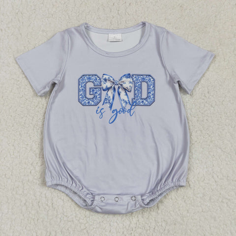 SR2772 God Is Good Flower Bows Grey Baby Girls Romper