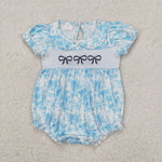 SR2784 Embroidery Bows Flower Blue Baby Girls Romper