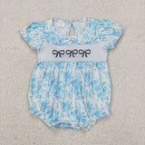 SR2784 Embroidery Bows Flower Blue Baby Girls Romper