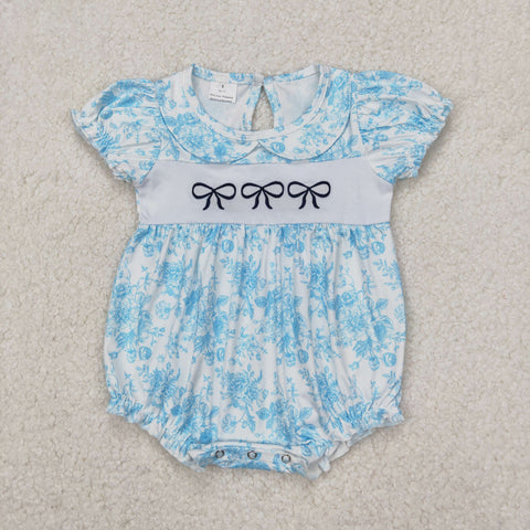 SR2784 Embroidery Bows Flower Blue Baby Girls Romper