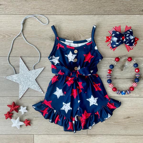 Preorder 03.12 SR2836 July 4th Star Blue Shorts Girl's Jumpsuit