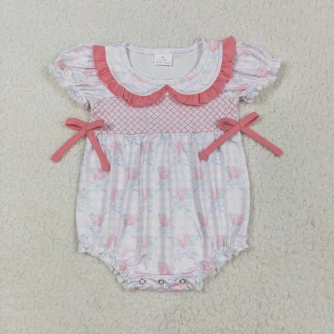SR2917 Embroidery Coquette Bows Flower Pink Baby Girls Romper