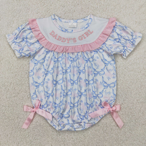 SR2944 Embroidery Daddy's Girl Flower Bows Blue Baby Girls Romper