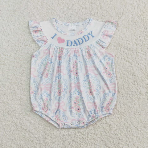 SR2946 Embroidery I Love Daddy Flower Bows Blue Baby Girls Romper