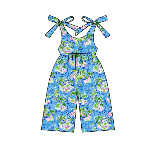 Preorder 04.04 SR2968 Ocean Beach Coconut Tree Blue Girl's Jumpsuit