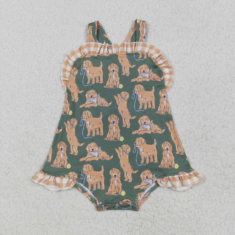 SR2986 Dog Green Plaid Baby Girls Romper