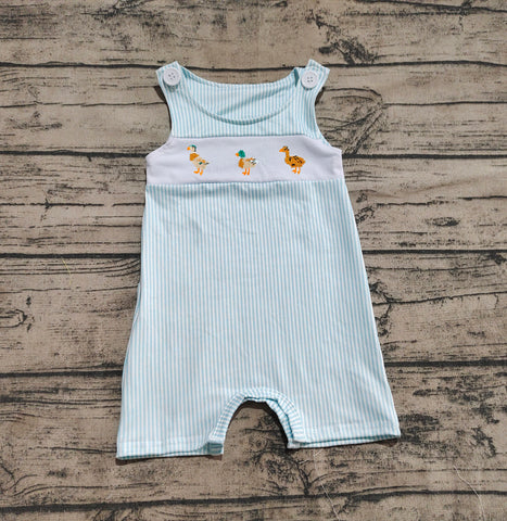 Preorder SR2991 Embroidery Mallard Ducks Blue Stripe Smocked Baby Boys Romper