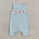 SR2991 Embroidery Mallard Ducks Blue Stripe Baby Boys Romper