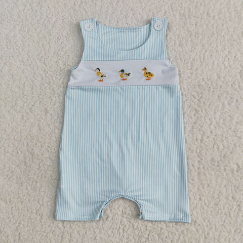 SR2991 Embroidery Mallard Ducks Blue Stripe Smocked Baby Boys Romper