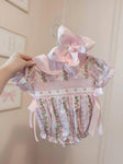 Preorder SR2994 Embroidery Flower Bows Pink Baby Girls Bubble Romper