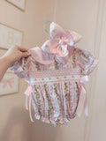 Preorder SR2994 Embroidery Flower Bows Pink Baby Girls Bubble Romper