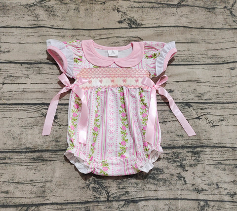 Preorder SR2994 Embroidery Flower Bows Pink Baby Girls Bubble Romper