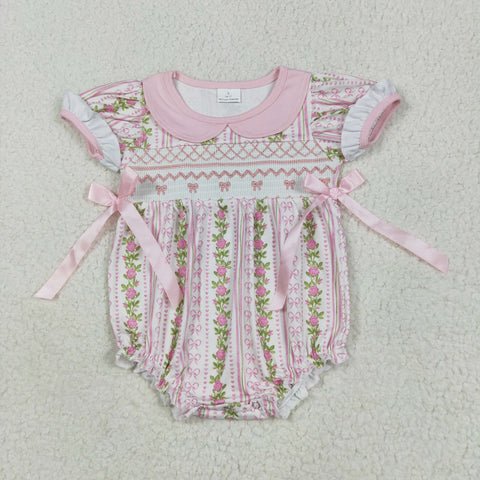 SR2994 Embroidery Flower Bows Pink Smocked Baby Girls Bubble Romper