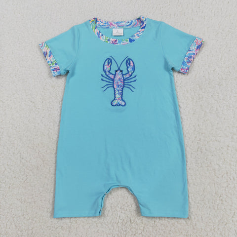 SR3044 Embroidery Sea Coral Crawfish Blue Baby Boys Romper