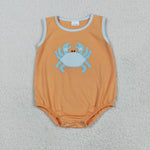 SR3058 Embroidery Flower Crab Orange Baby Boys Romper