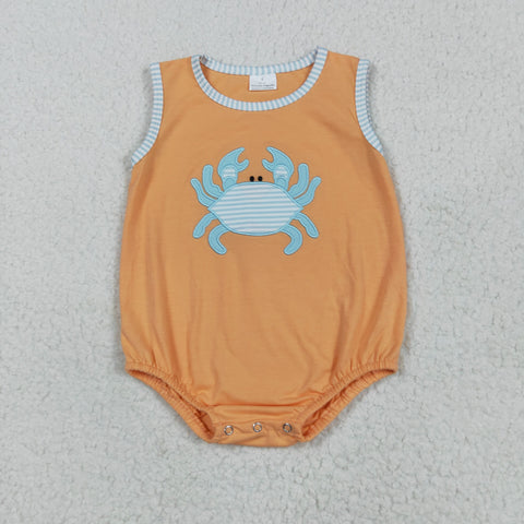 SR3058 Embroidery Flower Crab Orange Baby Boys Romper