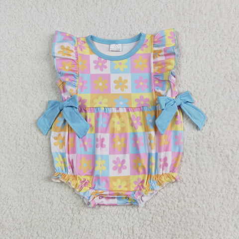 SR3090 Flower Sky Blue Plaid Baby Girls Romper
