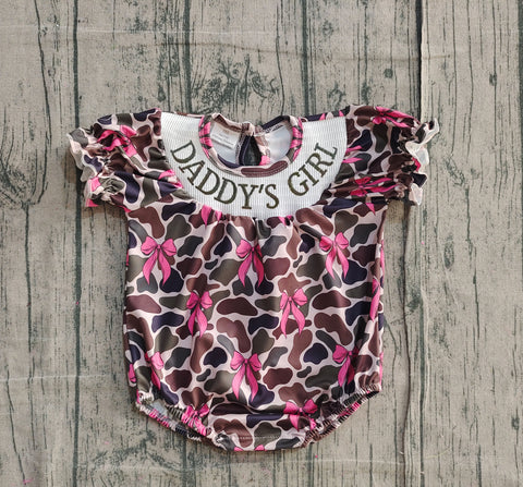 Preorder Samples SR3105 Smocked Daddy's Girl Camo Bows Baby Girls Bubble Romper