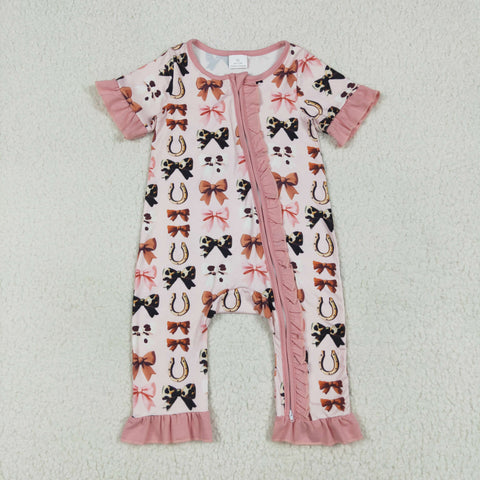 SR3116 Western Cows Bows Pink Baby Zipper Romper Sleepers