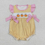 SR3125 Embroidery Pumpkin Orange Stripe Baby Girls Romper