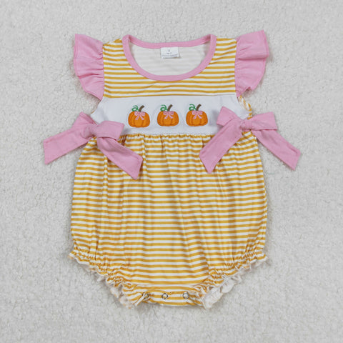 SR3125 Embroidery Pumpkin Orange Stripe Baby Girls Romper