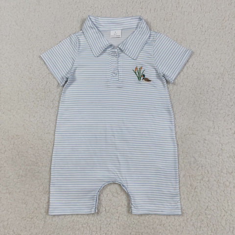 SR3149 Embroidery Mallard Ducks Blue Stripe Baby Boys Romper